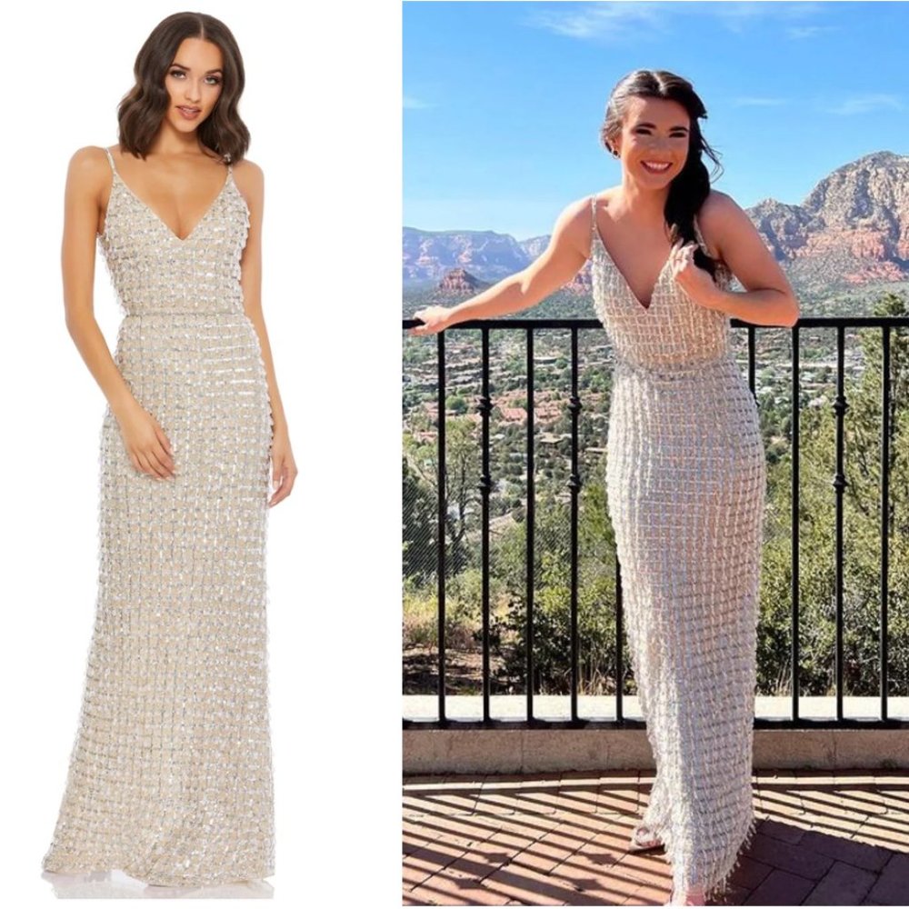 MAC DUGGAL Bead Embellished Column Gown in Nude Silver Size US 4